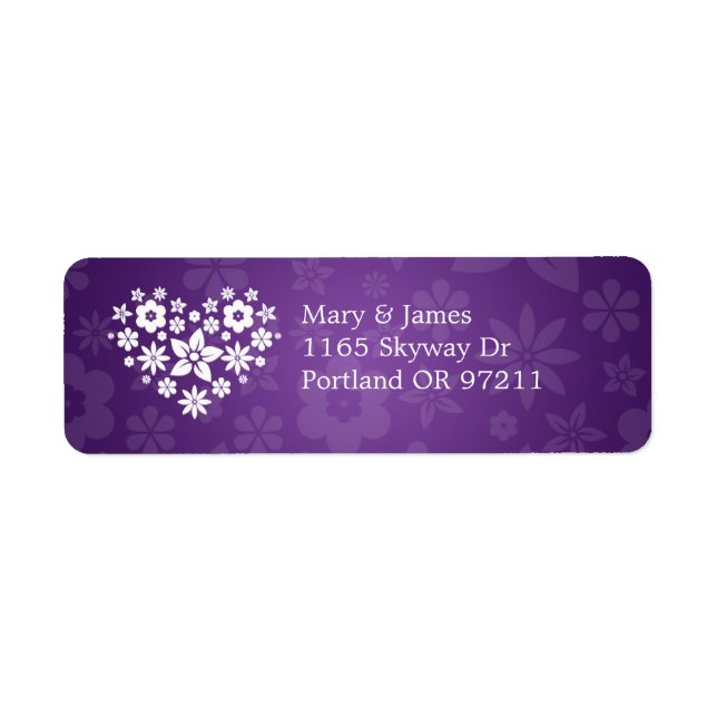 Elegant Wedding Address Flowery Heart Purple Return Address Label (Front)