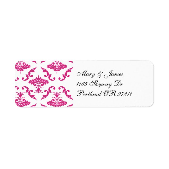 Elegant Wedding Address Pink Damask Return Address Label (Front)