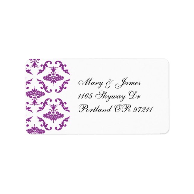 Elegant Wedding Address Purple Damask Label (Front)