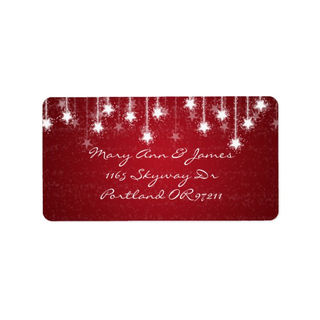 Elegant Wedding Address Shimmering Stars Red Label (Front)