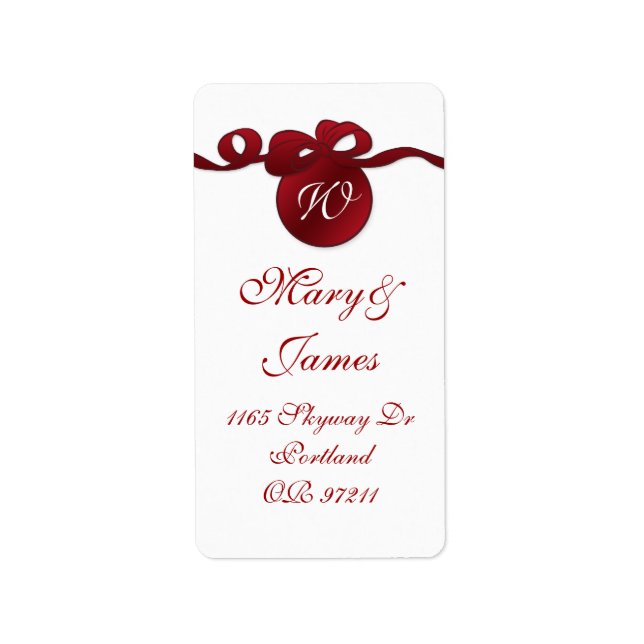 Elegant Wedding Address Swirly Bow Monogram Red Label (Front)