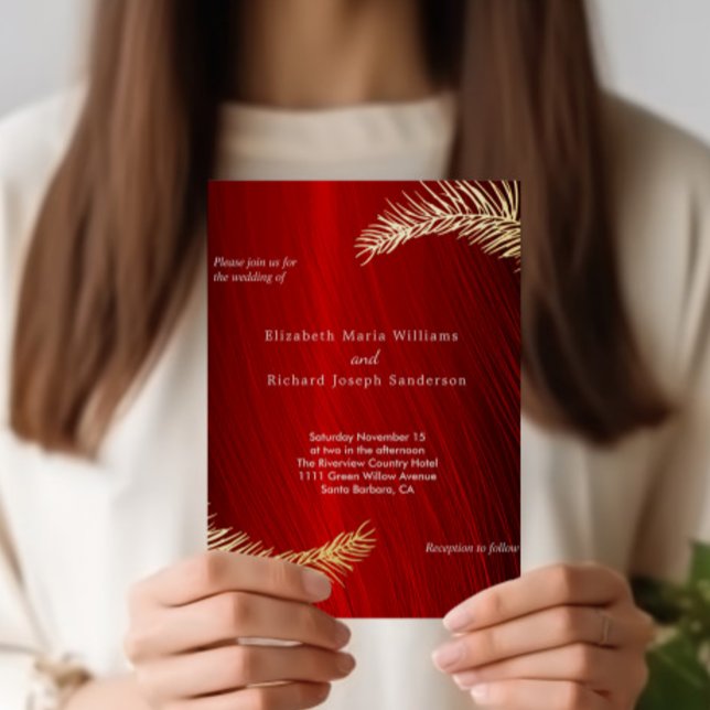 Elegant Wedding and RSVP Ruby Red Gold Leaves  Foil Invitation Postcard (Creator Uploaded)