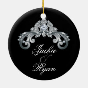 Elegant Wedding Anniversary 25th Black Silver Ceramic Ornament