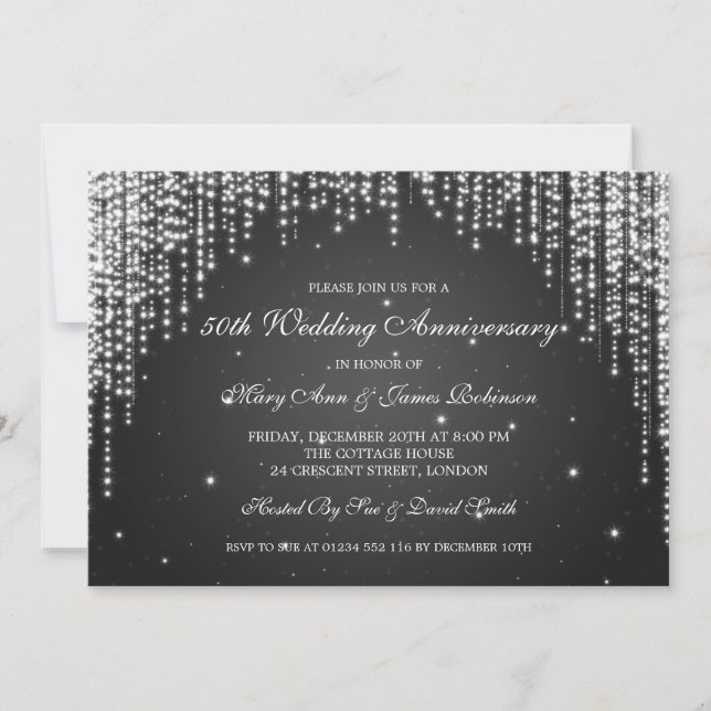 Elegant Wedding Anniversary Night Dazzle Black Invitation (Front)