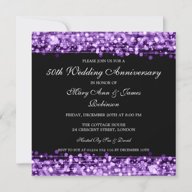 Elegant Wedding Anniversary Party Sparkles Purple Invitation (Front)