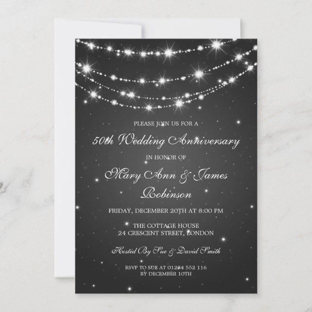 Elegant Wedding Anniversary Sparkling Chain Black Invitation (Front)
