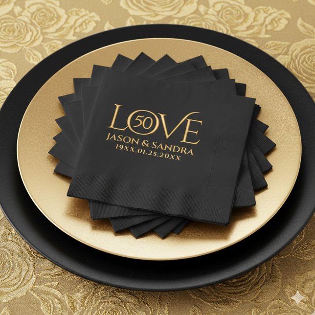 Elegant Wedding Anniversary Years in Love Foil Napkins (Elegant 50th Golden Wedding Anniversary Foil Stamped Napkins Cover Photo)