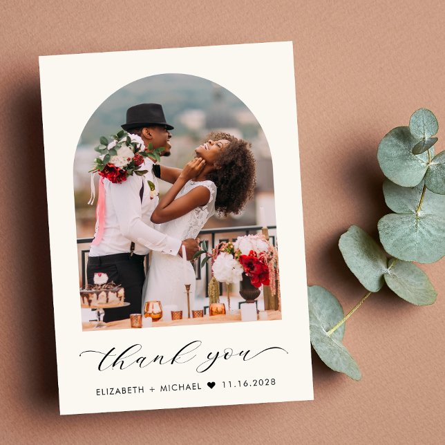Elegant Wedding Arched Photo Cream Thank You Card (Celebrate your love story with a thank you card showcasing your photo in an elegant arch frame)
