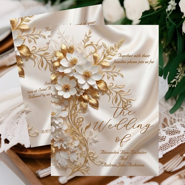 Elegant Wedding Beige White Gold Floral Silk Invitation (Creator Uploaded)