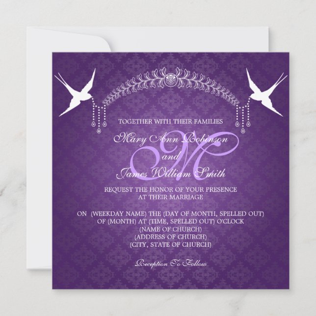 Elegant Wedding Birds Monogram Purple Invitation (Front)