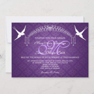 Elegant Wedding Birds Monogram Purple Invitation