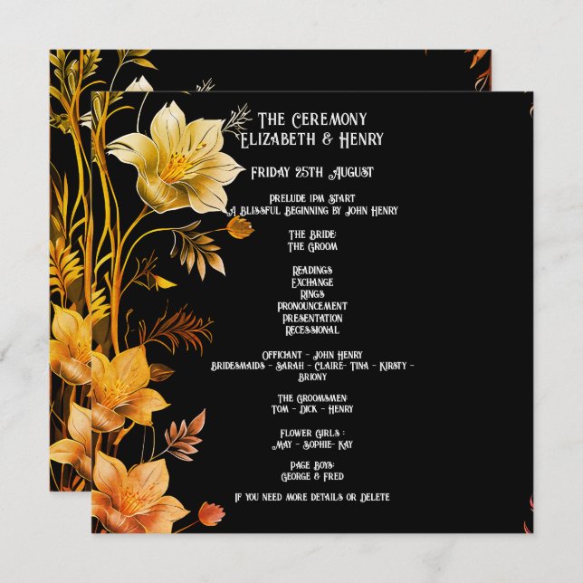 Elegant Wedding Black and Gold Floral Invitations (Front/Back)