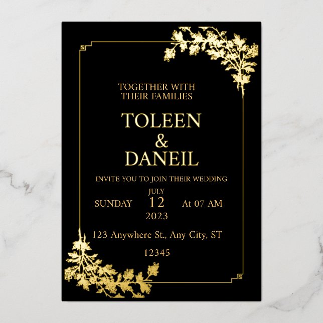 Elegant Wedding Black and Gold Foil Invitation (Front)