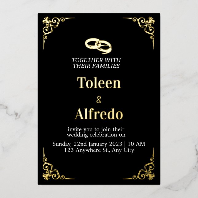 Elegant Wedding Black and Gold Foil Invitation (Front)