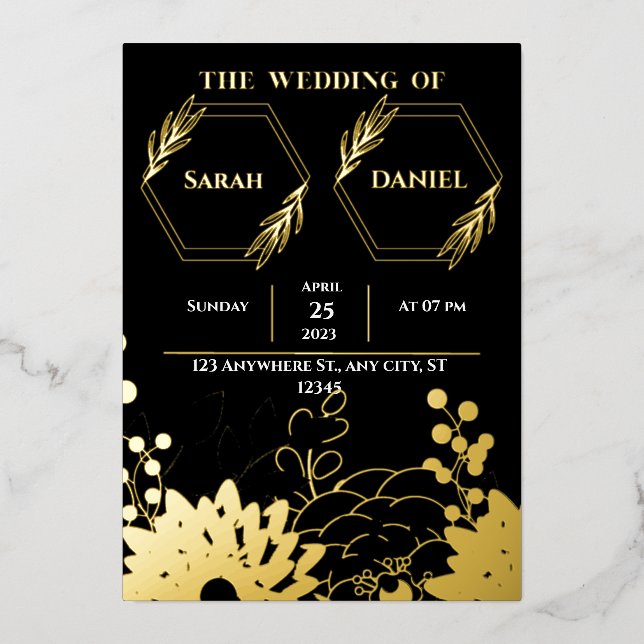 Elegant Wedding Black and Gold Foil Invitation (Front)