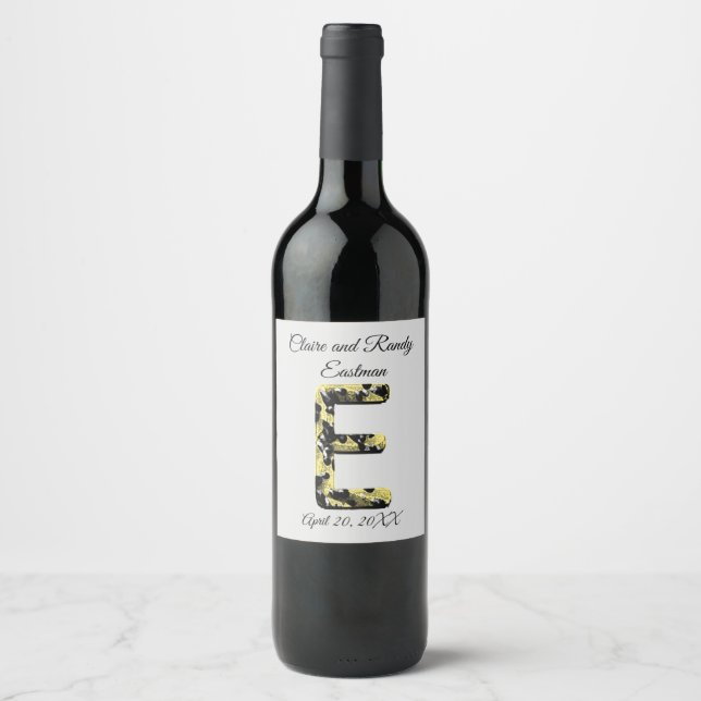 Elegant Wedding Black and Gold Letter E Monogram Wine Label (Front)