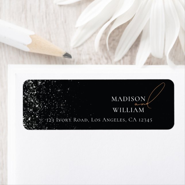 Elegant Wedding Black design with Glitter Return Address Label (Insitu)