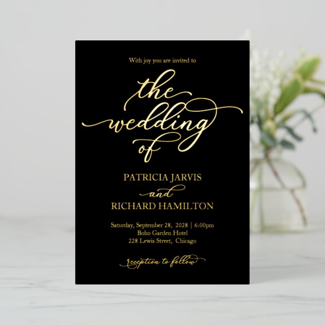 Elegant Wedding Black Gold Calligraphy (Standing Front)