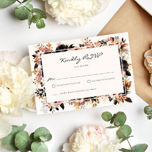 Elegant Wedding Black & Gold Floral RSVP Card