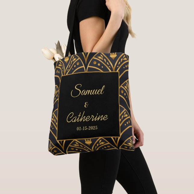 Elegant Wedding Black Gold Stylish Personalise  Tote Bag (Close Up)