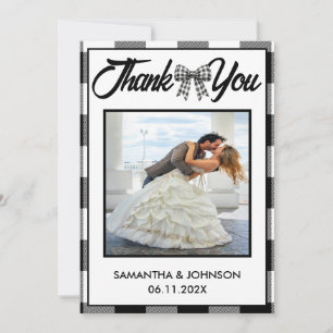 Elegant Wedding Black & White Gingham Bow Photo Thank You Card