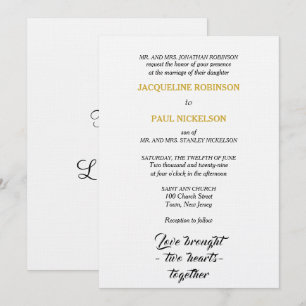 Elegant Wedding Black White Gold Two Hearts Invitation