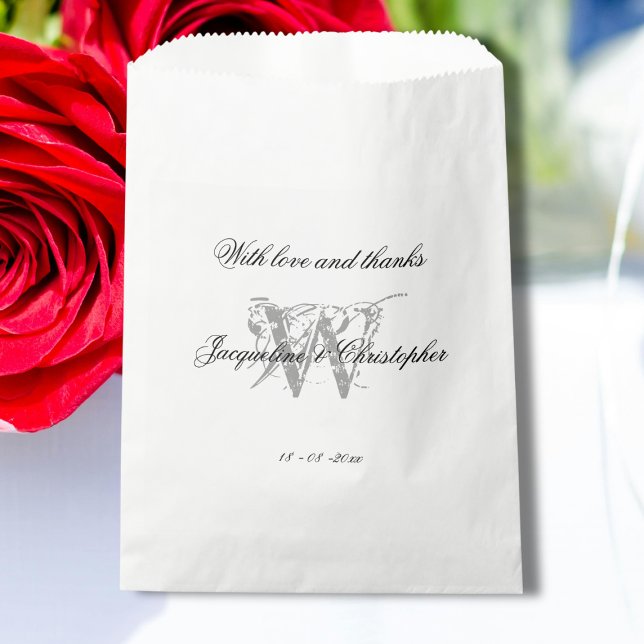 Elegant Wedding Black White Grey Monogram + Names Favour Bag (Elegant Wedding - Black, White and Gray, Monogram plus Bride and Groom Names Favor Bag.)