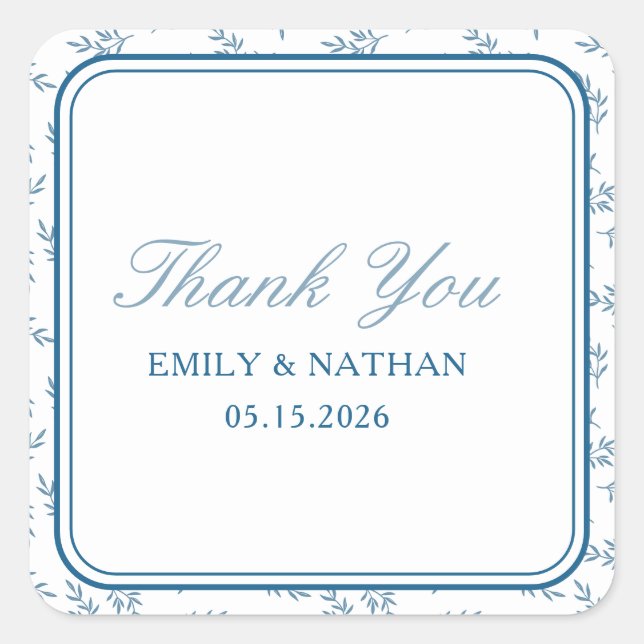Elegant Wedding Blue Garden Personalised Thank You Square Sticker (Front)