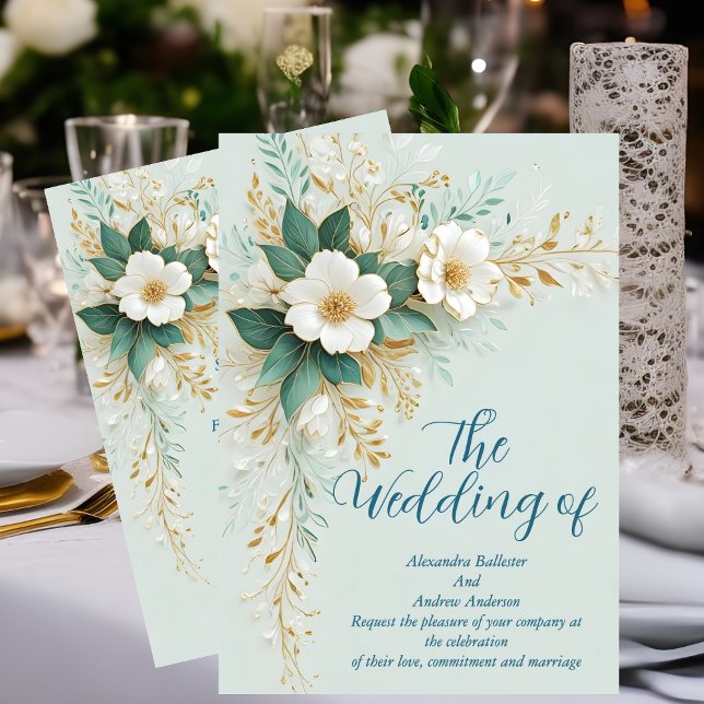 Elegant Wedding Blue Green White Gold Flowers  Invitation (Creator Uploaded)