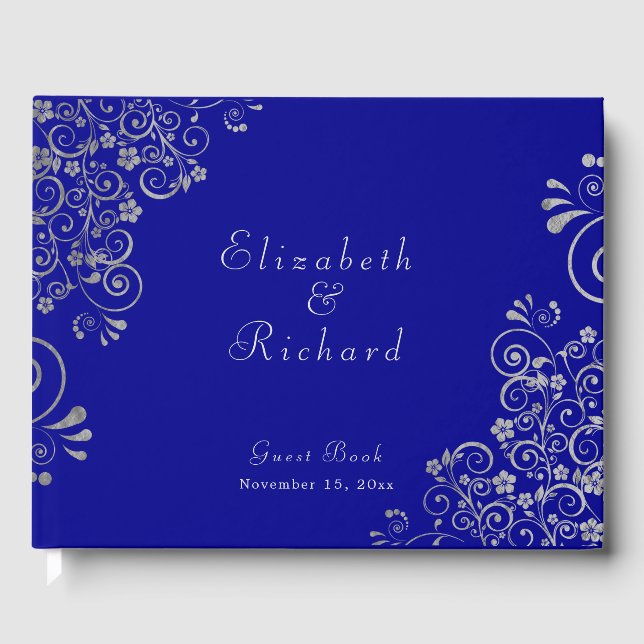 Elegant Wedding Blue Silver Grey Swirls Script Guest Book (Front)