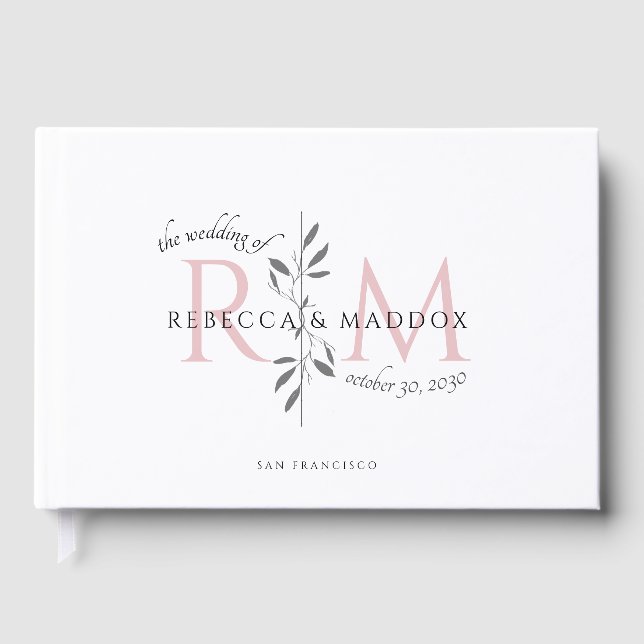 Elegant Wedding Blush Pink Botanical Monogram Guest Book (Front)
