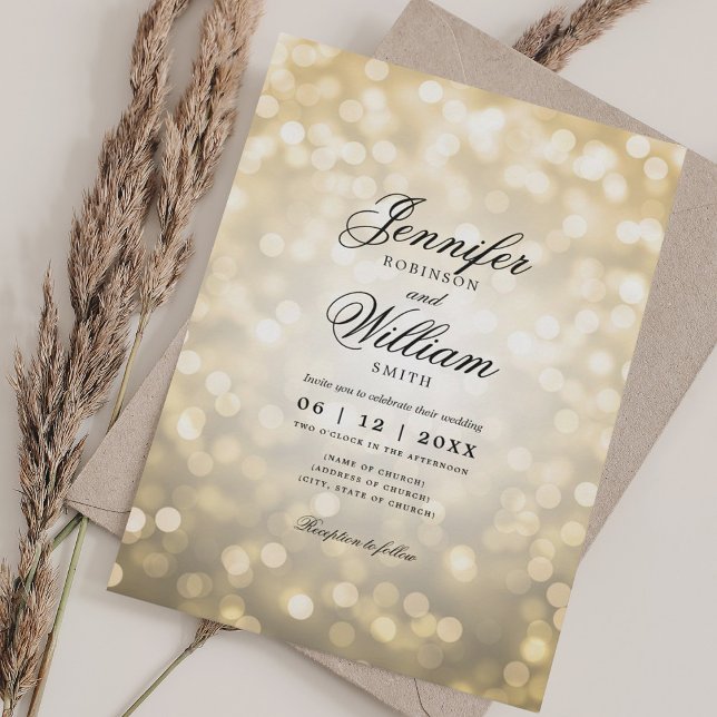 Elegant Wedding Bokeh Lights Romantic Script Gold  Invitation (Elegant Wedding Bokeh Lights Romantic Script Gold Invitation)
