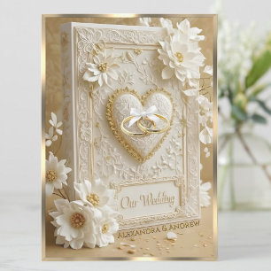 Elegant Wedding Book Gold Heart Lace White Flowers Invitation