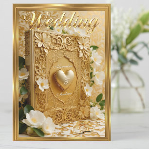 Elegant Wedding Book Gold Heart White Flowers Invitation