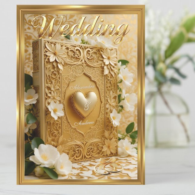 Elegant Wedding Book Gold Heart White Flowers Invitation (Creator Uploaded)