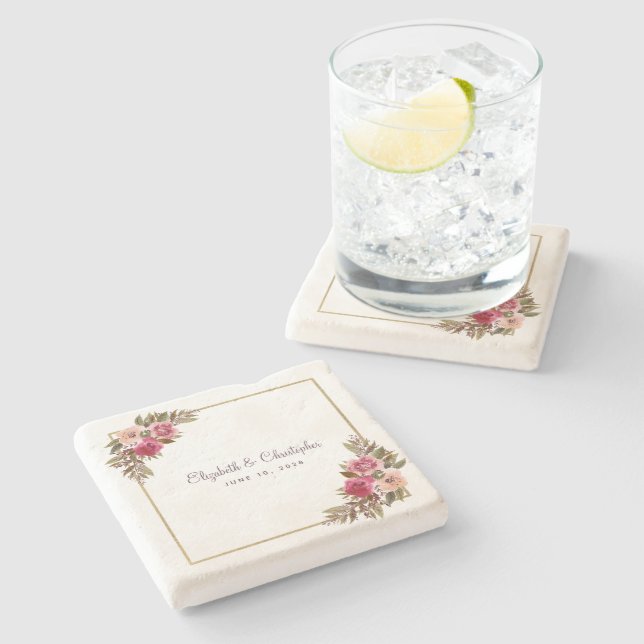 Elegant Wedding Bride & Groom Watercolor Floral Stone Coaster (Side)