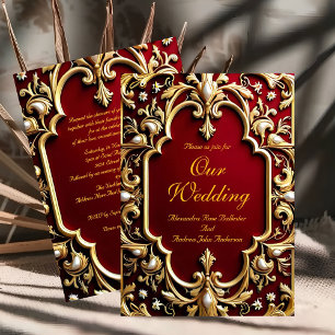 Elegant Wedding Burgundy Gold Ornate Red Pearls  Invitation
