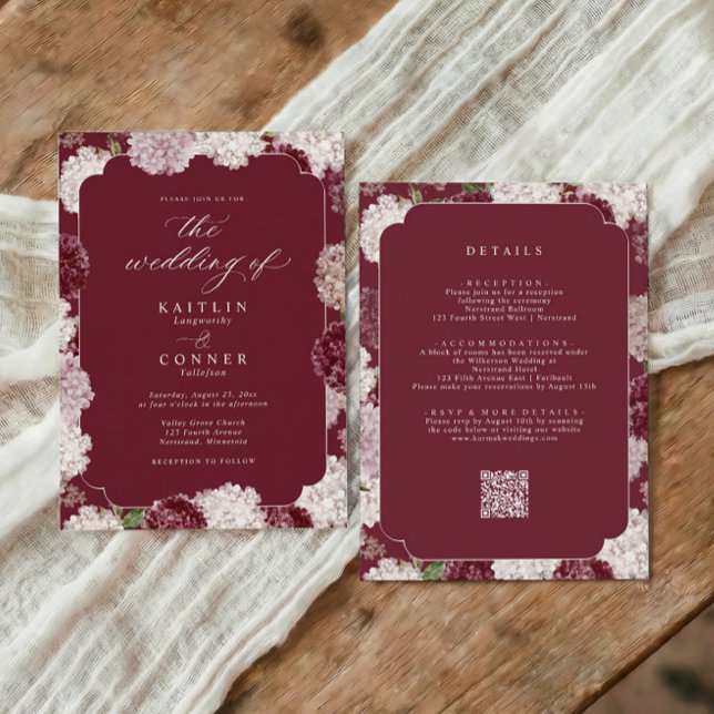 Elegant Wedding Burgundy Hydrangea Fall All in One Invitation (Burgundy hydrangea all in one wedding invitation with vintage floral frame and script)