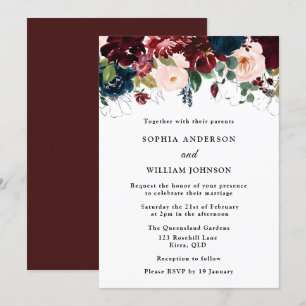 Elegant Wedding: Burgundy, Navy & Blush Flowers Invitation