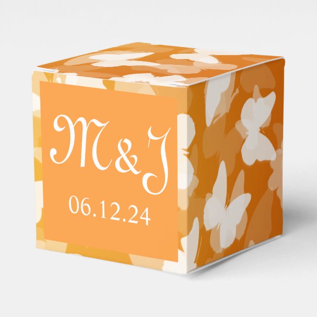 Elegant Wedding Butterflies Monogram Orange Favour Box (Front Side)