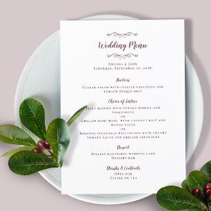 Elegant Wedding Calligraphy Burgundy Dinner Menu
