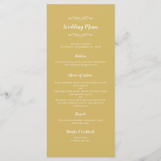 Elegant Wedding Calligraphy Chic Gold White Dinner Menu (Front)