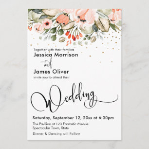 Elegant Wedding Calligraphy Floral & Gold Confetti Invitation