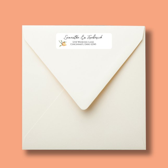 Elegant Wedding Calligraphy Script Return Address Label (Peach floral wedding return address labels.)