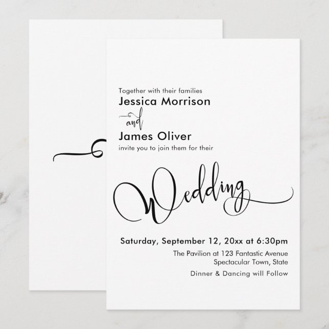 Elegant Wedding Calligraphy, Simple Black White Invitation (Front/Back)