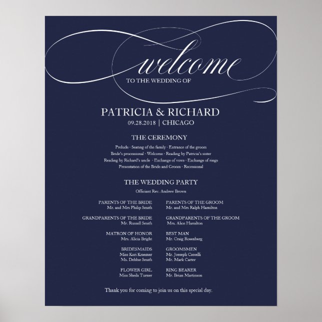 Elegant Wedding Ceremony Program Navy Blue Poster (Front)