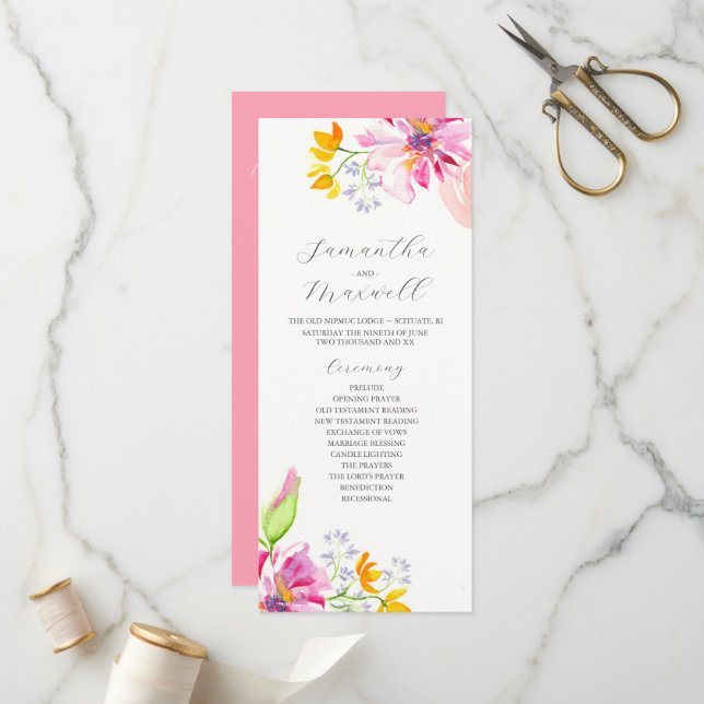 Elegant Wedding Ceremony Programs Pink Florals (Front/Back In Situ)