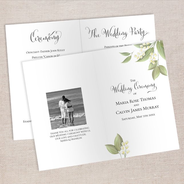 Elegant Wedding Ceremony Sage Greenery Foliage (Elegant lily of the valley floral wedding ceremony program with botanical greenery and classic typog)