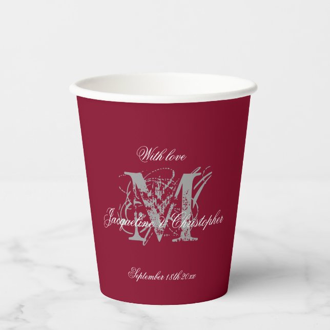 Elegant Wedding Classic Monogram & Names Burgundy Paper Cups (Front)