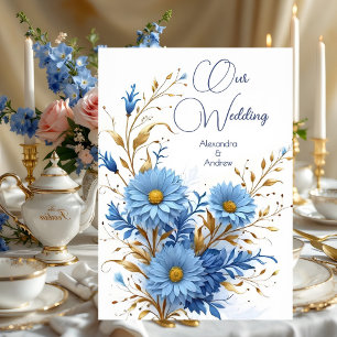Elegant Wedding Cornflower Blue Gold Florals Invitation